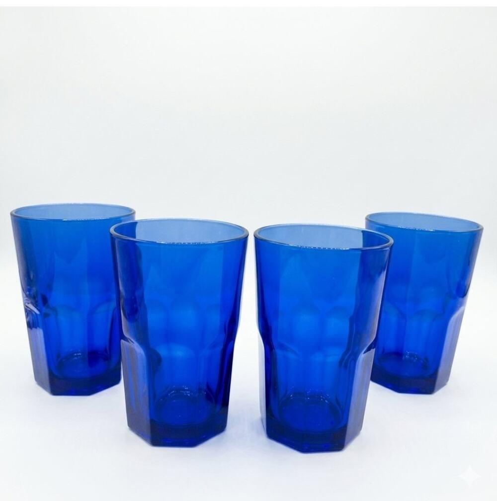 Vintage (4) Libbey Crisa Boston Cobalt Blue Glasses Paneled Cooler 5.25" 16 oz
